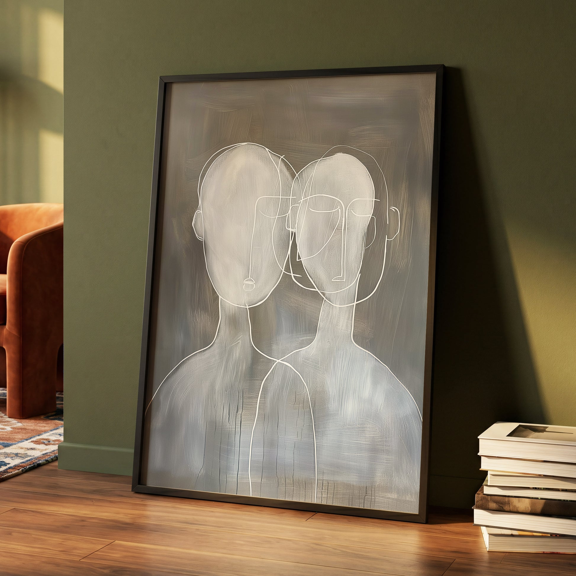 Quiet Convergence, gray, white minimalist wall art displayed in a styled interior, gallery view 4