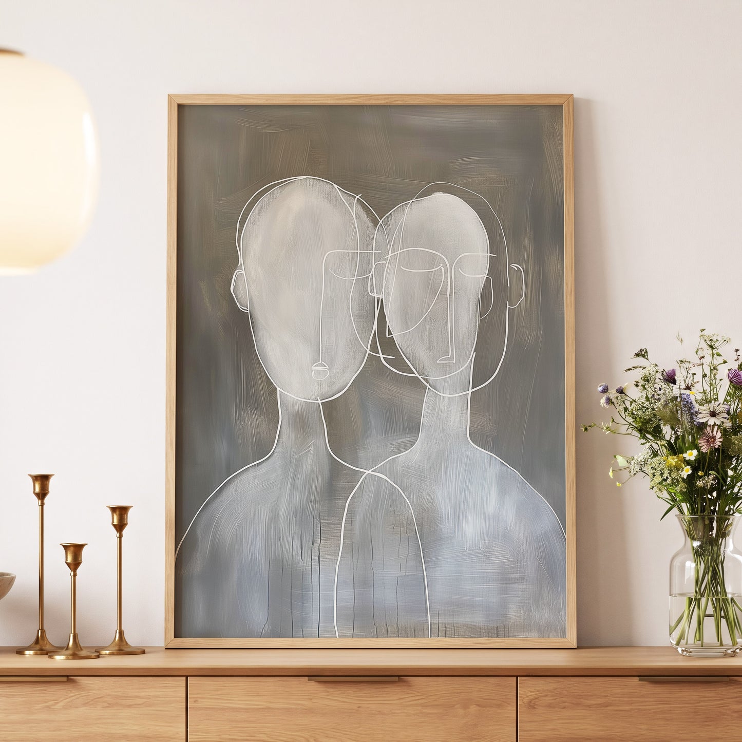 Quiet Convergence, gray, white minimalist wall art displayed in a styled interior, gallery view 5