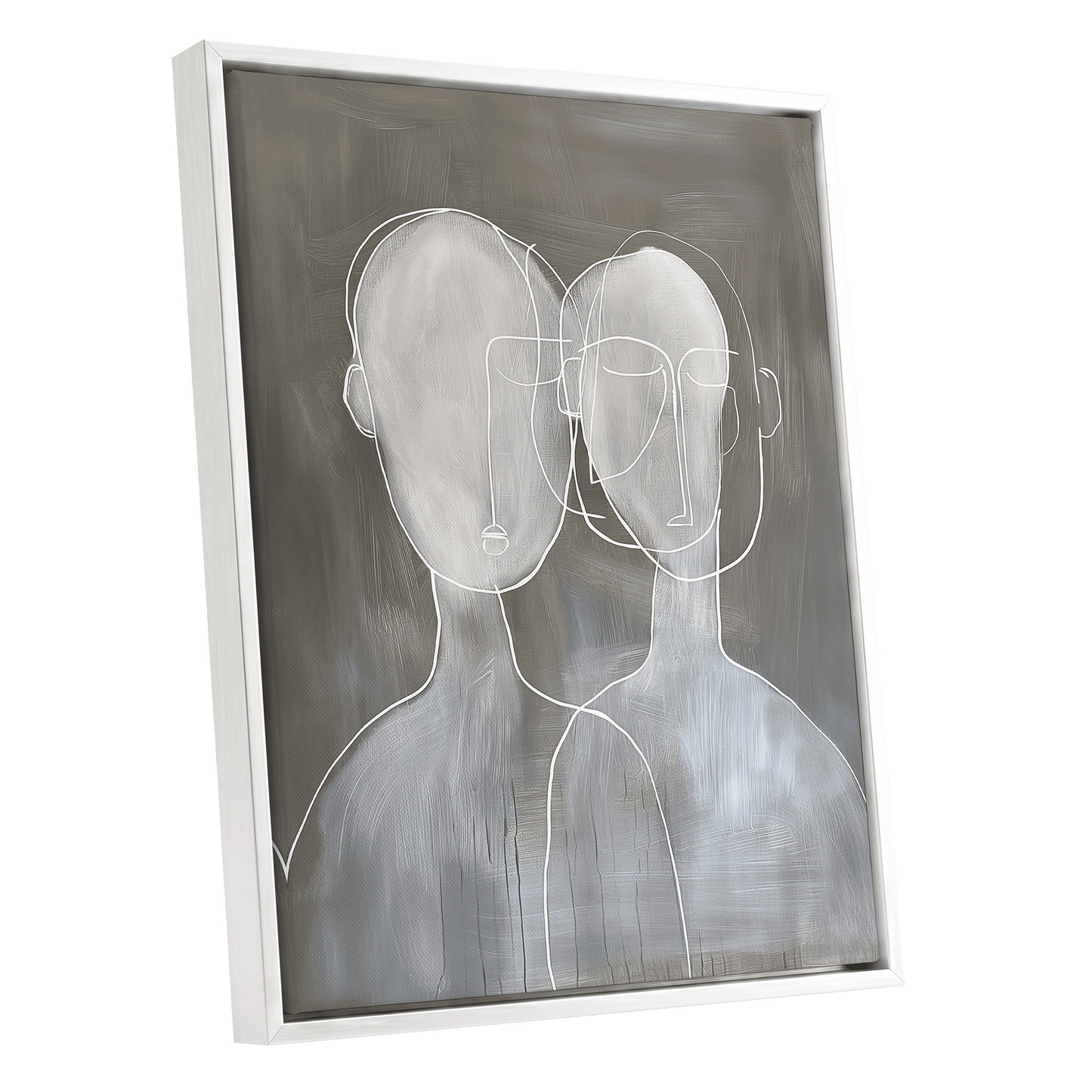 Quiet Convergence, gray, white minimalist wall art shown as a white framed canvas wall art