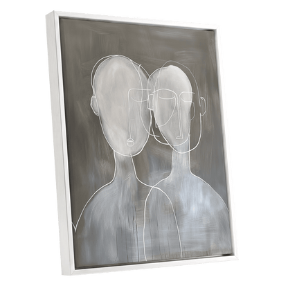 Quiet Convergence, gray, white minimalist wall art shown as a white framed canvas wall art
