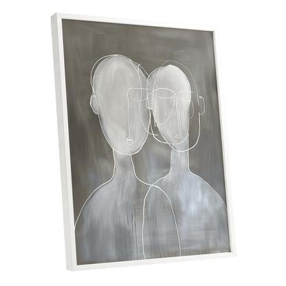 Quiet Convergence, gray, white minimalist wall art shown as a white framed poster wall art print