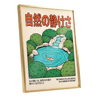 Quiet Corner Koi, green, beige, blue nature wall art shown as a gold framed poster wall art print