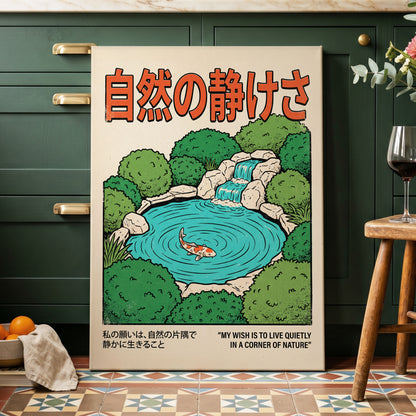 Quiet Corner Koi, green, beige, blue nature wall art displayed in a styled interior, gallery view 3