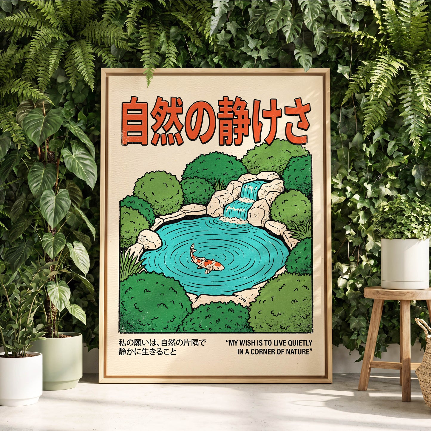 Quiet Corner Koi, green, beige, blue nature wall art displayed in a styled interior, gallery view 4