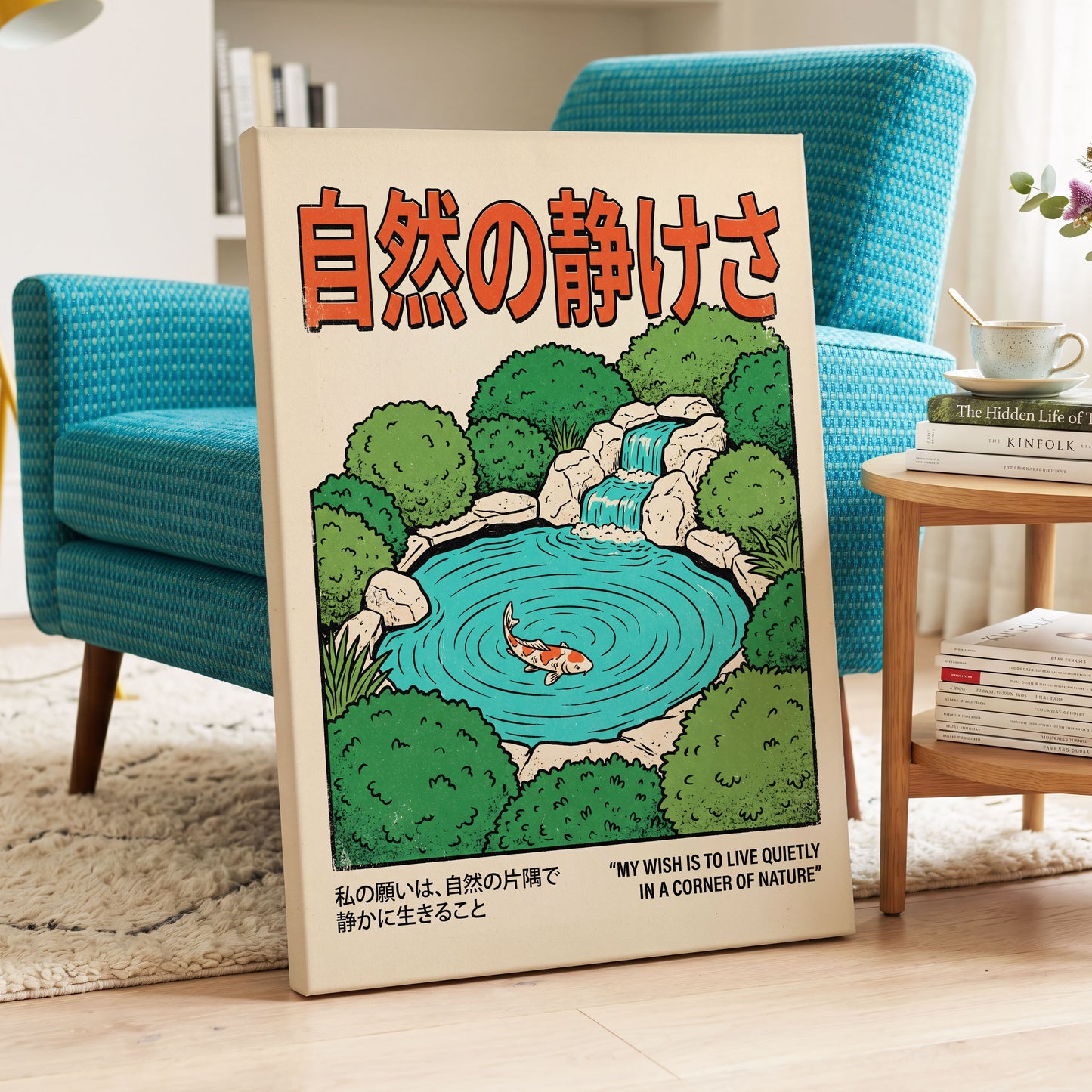 Quiet Corner Koi, green, beige, blue nature wall art displayed in a styled interior, gallery view 7