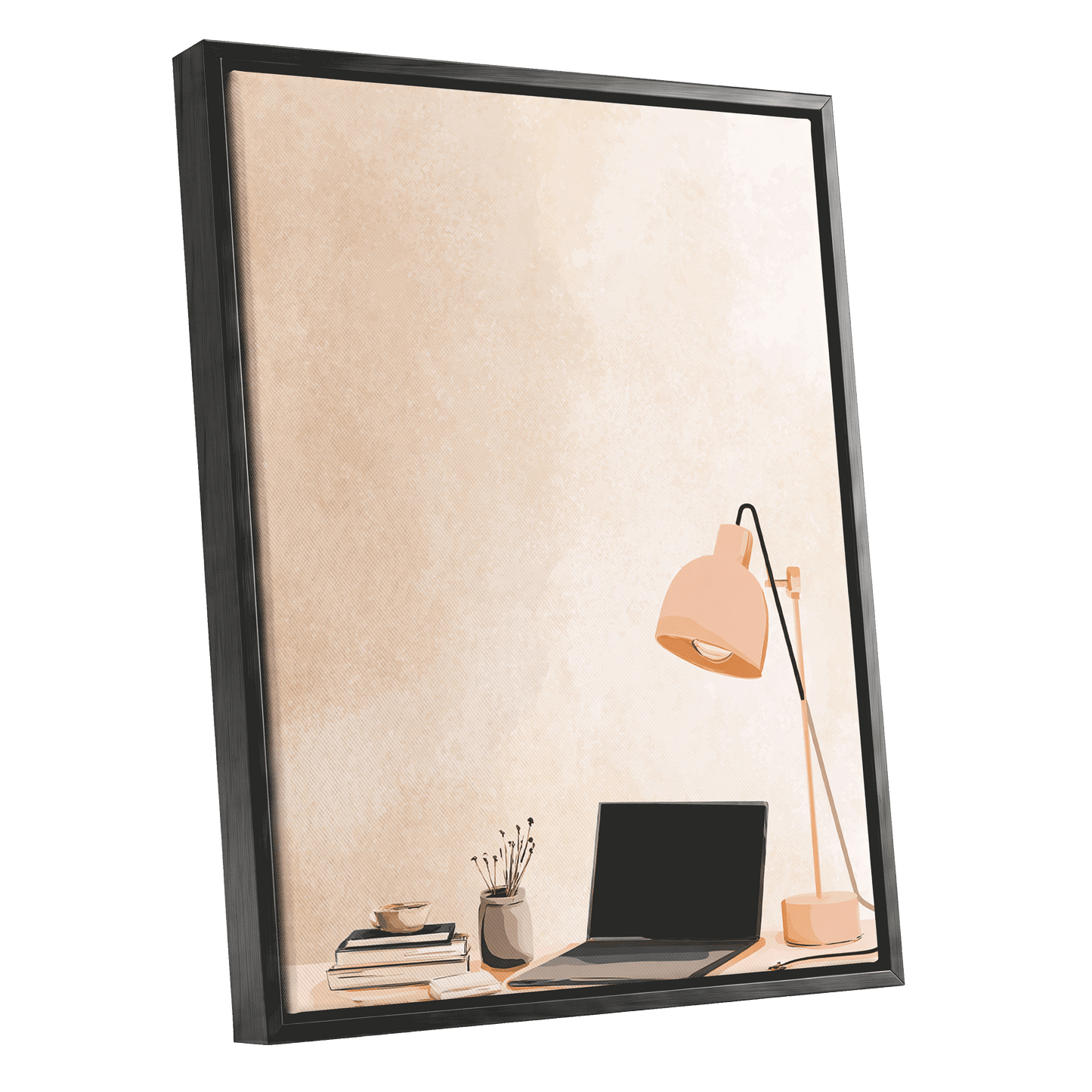 Quiet Desk Glow, beige, pink, black minimalist wall art shown as a black framed canvas wall art