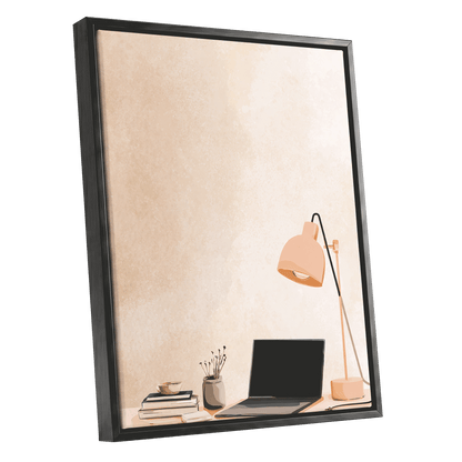 Quiet Desk Glow, beige, pink, black minimalist wall art shown as a black framed canvas wall art