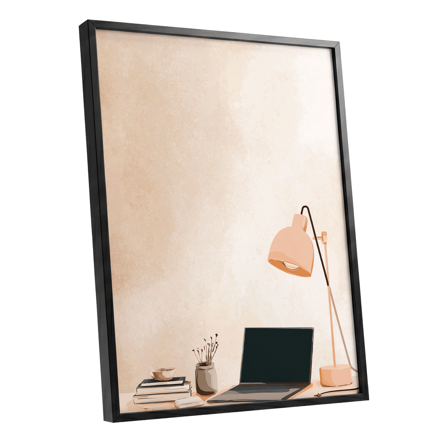 Quiet Desk Glow, beige, pink, black minimalist wall art shown as a black framed poster wall art print
