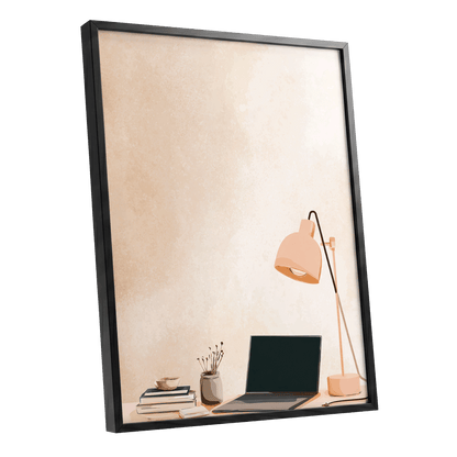 Quiet Desk Glow, beige, pink, black minimalist wall art shown as a black framed poster wall art print