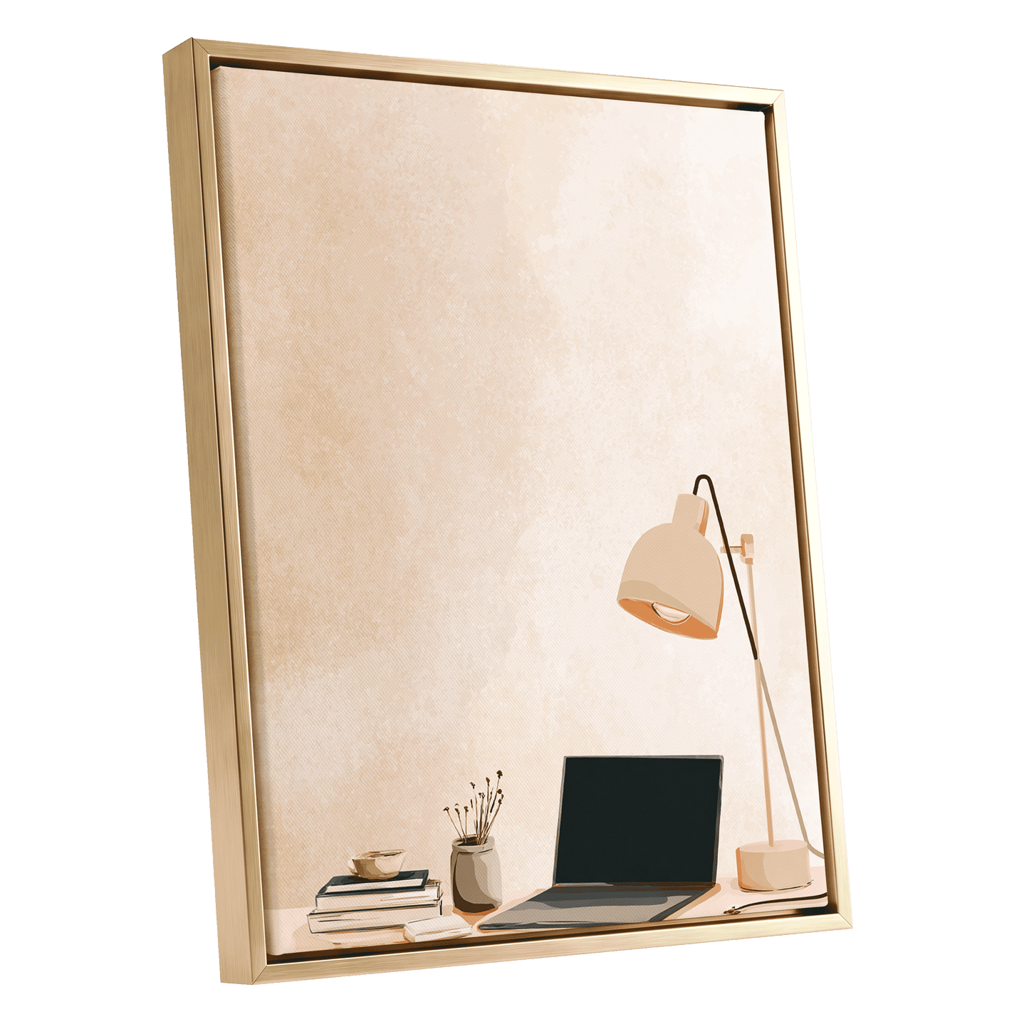 Quiet Desk Glow, beige, pink, black minimalist wall art shown as a gold framed canvas wall art