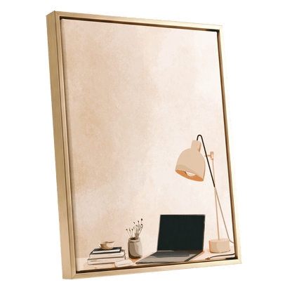 Quiet Desk Glow, beige, pink, black minimalist wall art shown as a gold framed canvas wall art