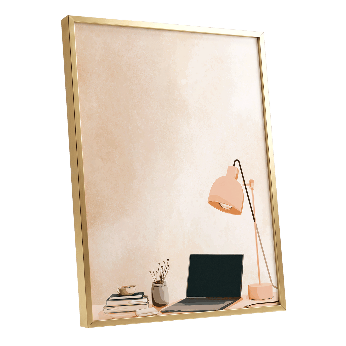 Quiet Desk Glow, beige, pink, black minimalist wall art shown as a gold framed poster wall art print