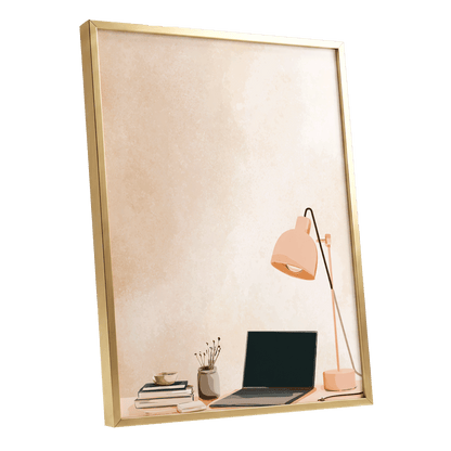 Quiet Desk Glow, beige, pink, black minimalist wall art shown as a gold framed poster wall art print