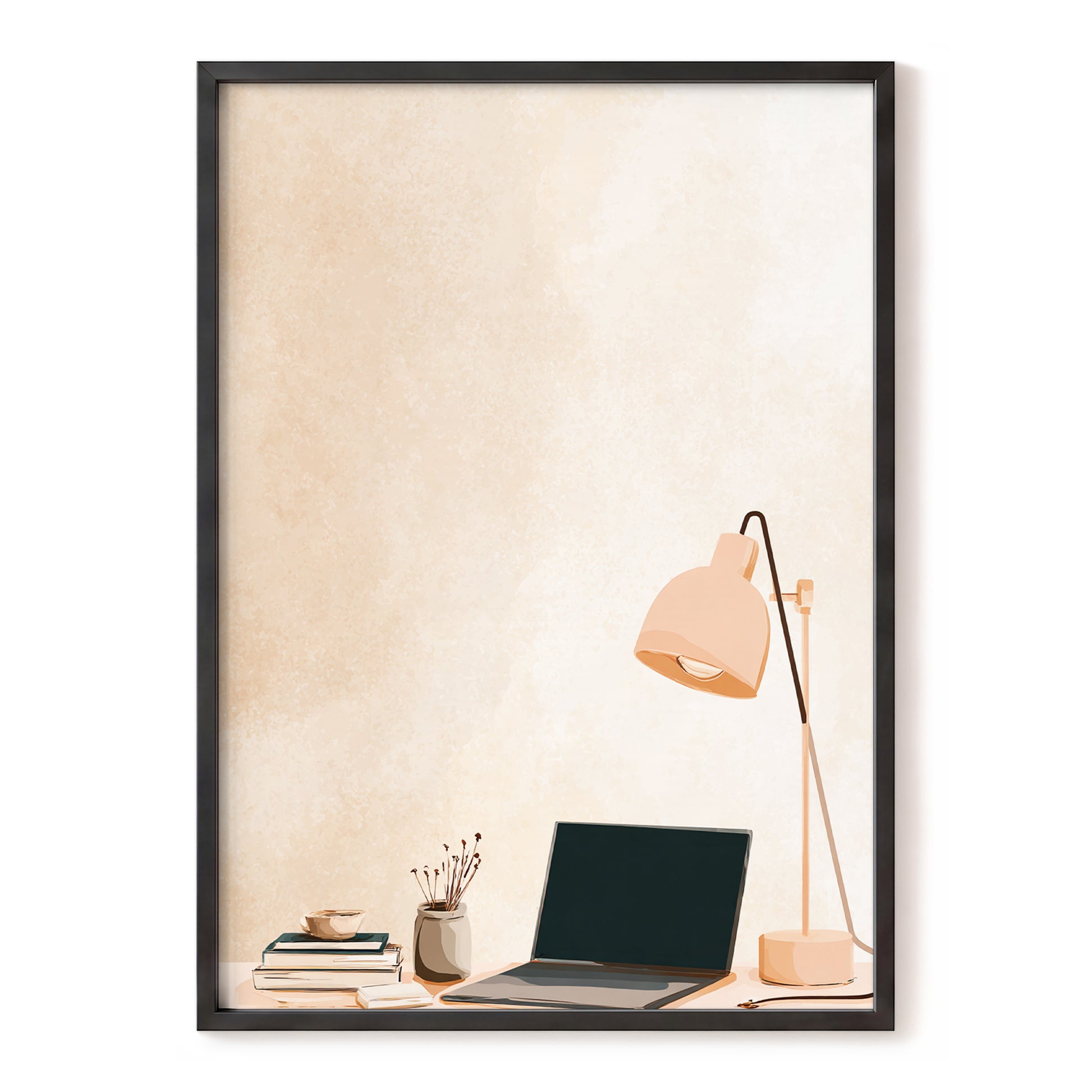 Quiet Desk Glow, beige, pink, black minimalist wall art, front artwork view