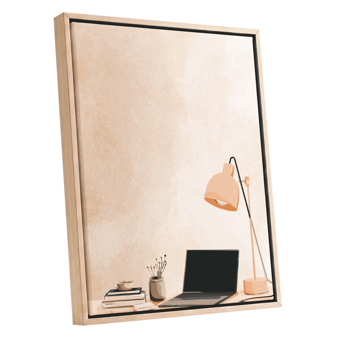 Quiet Desk Glow, beige, pink, black minimalist wall art shown as a oak framed canvas wall art