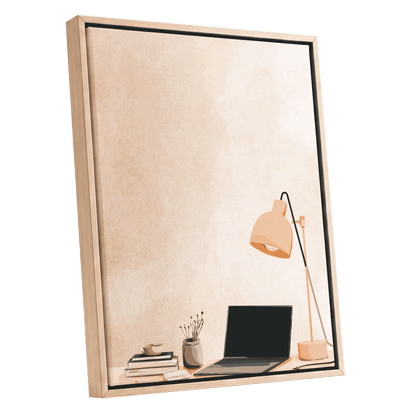 Quiet Desk Glow, beige, pink, black minimalist wall art shown as a oak framed canvas wall art