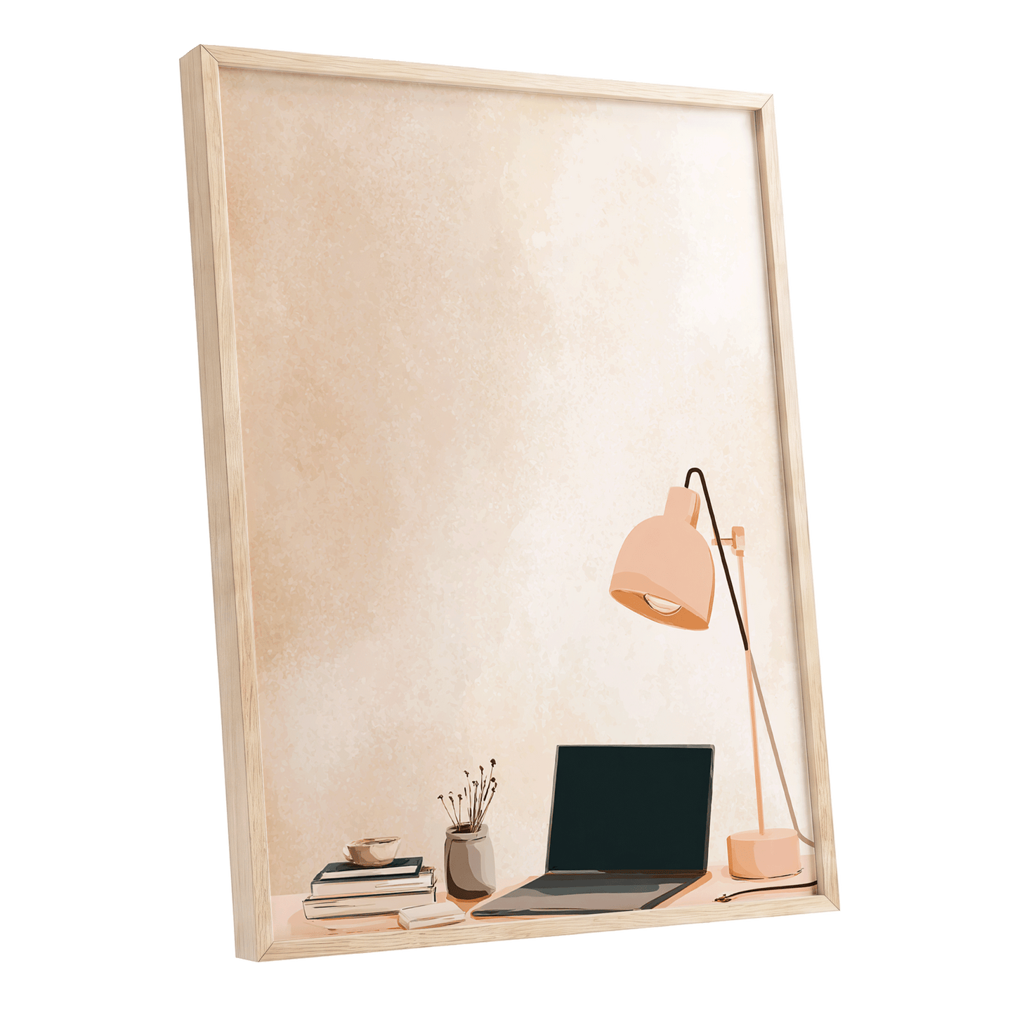 Quiet Desk Glow, beige, pink, black minimalist wall art shown as a oak framed poster wall art print