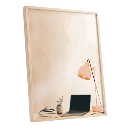 Quiet Desk Glow, beige, pink, black minimalist wall art shown as a oak framed poster wall art print