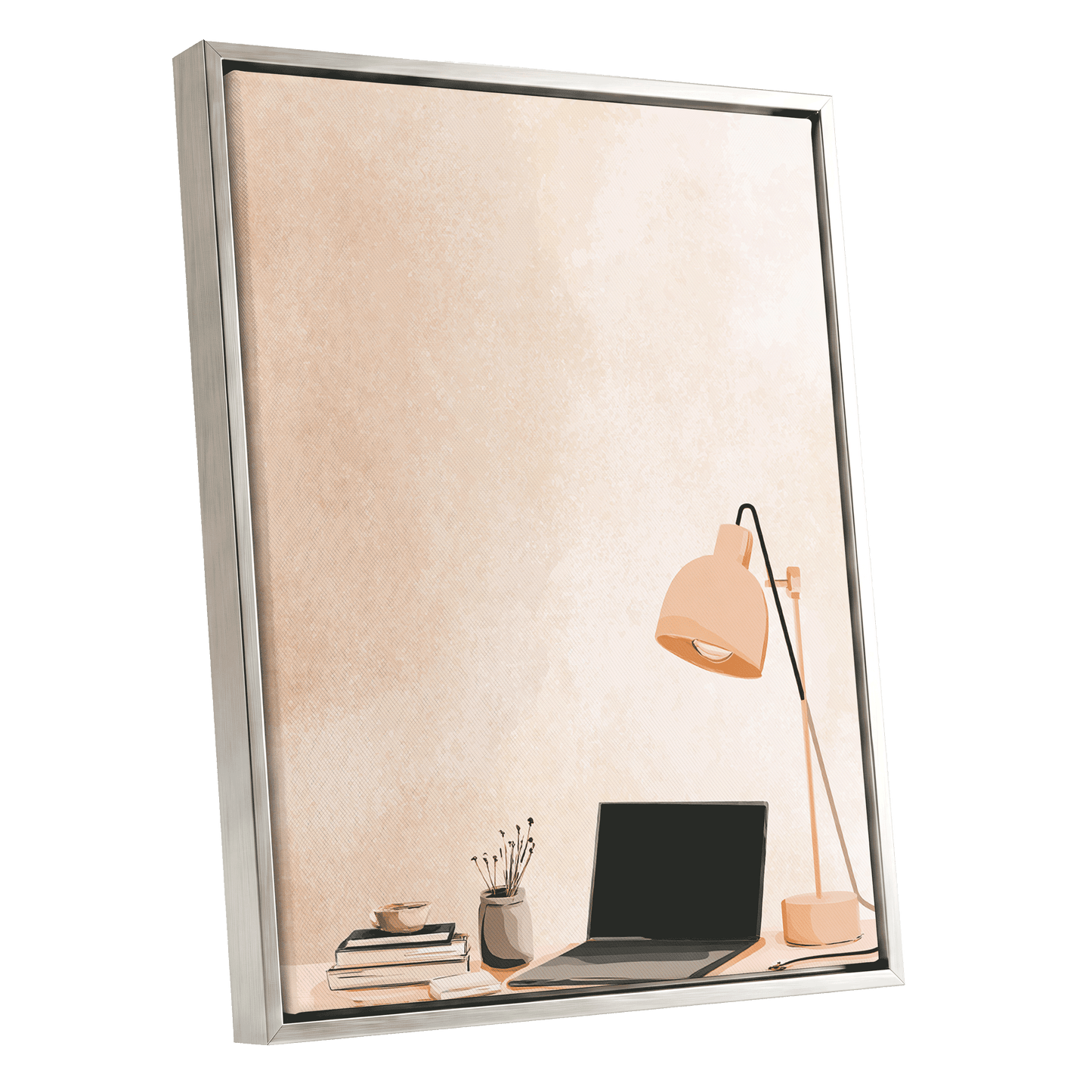 Quiet Desk Glow, beige, pink, black minimalist wall art shown as a silver framed canvas wall art