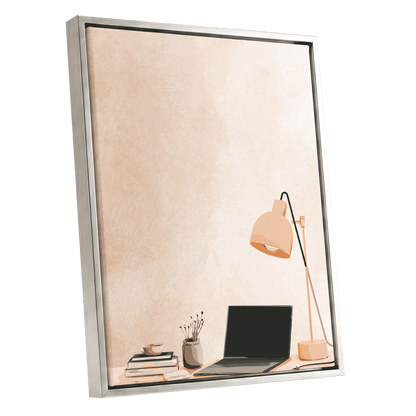 Quiet Desk Glow, beige, pink, black minimalist wall art shown as a silver framed canvas wall art