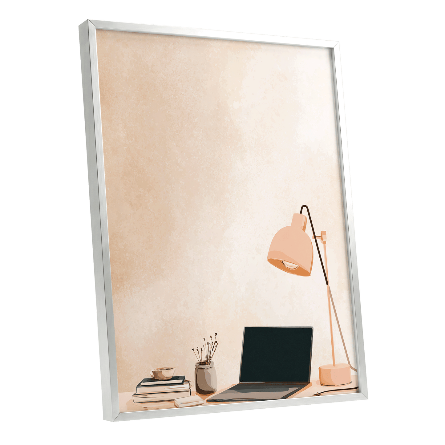 Quiet Desk Glow, beige, pink, black minimalist wall art shown as a silver framed poster wall art print