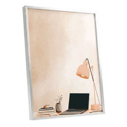 Quiet Desk Glow, beige, pink, black minimalist wall art shown as a silver framed poster wall art print