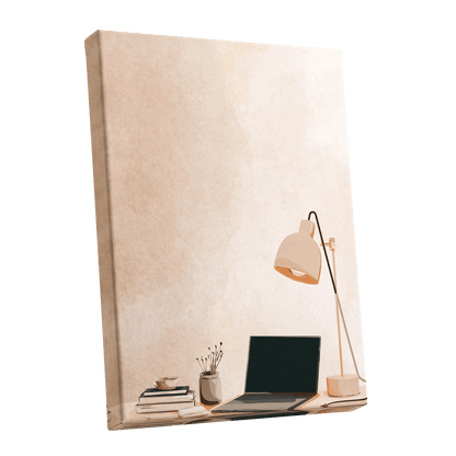 Quiet Desk Glow, beige, pink, black minimalist wall art shown as a stretched canvas wall art