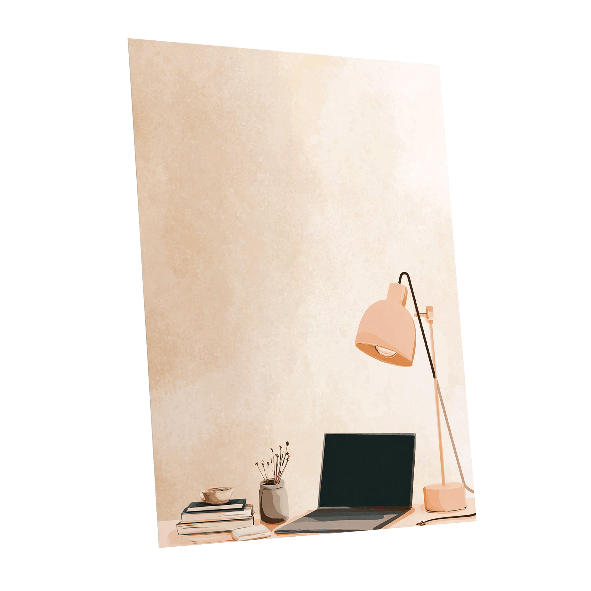 Quiet Desk Glow, beige, pink, black minimalist wall art shown as a unframed poster wall art print