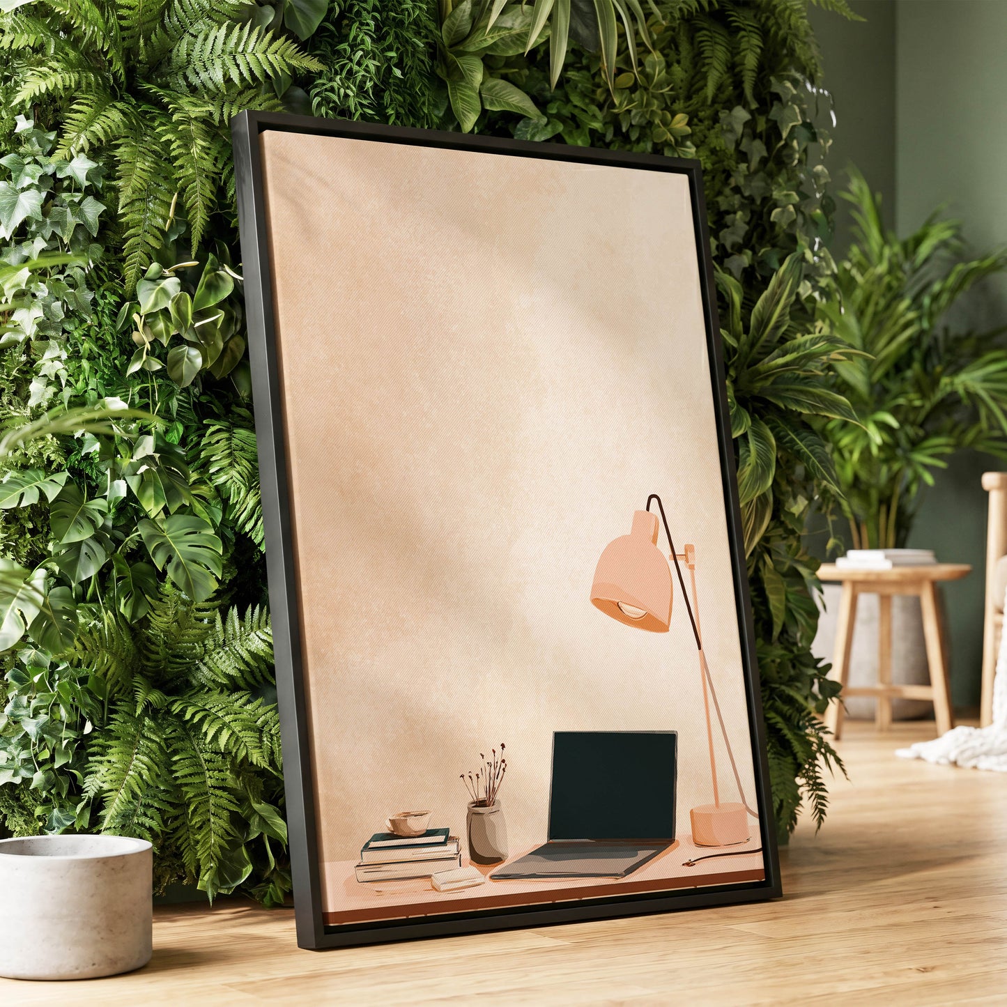 Quiet Desk Glow, beige, pink, black minimalist wall art displayed in a styled interior, gallery view 1