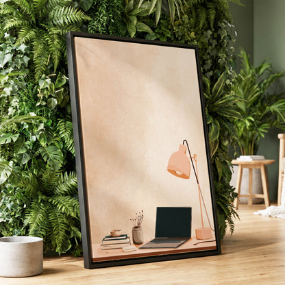 Quiet Desk Glow, beige, pink, black minimalist wall art displayed in a styled interior, gallery view 1