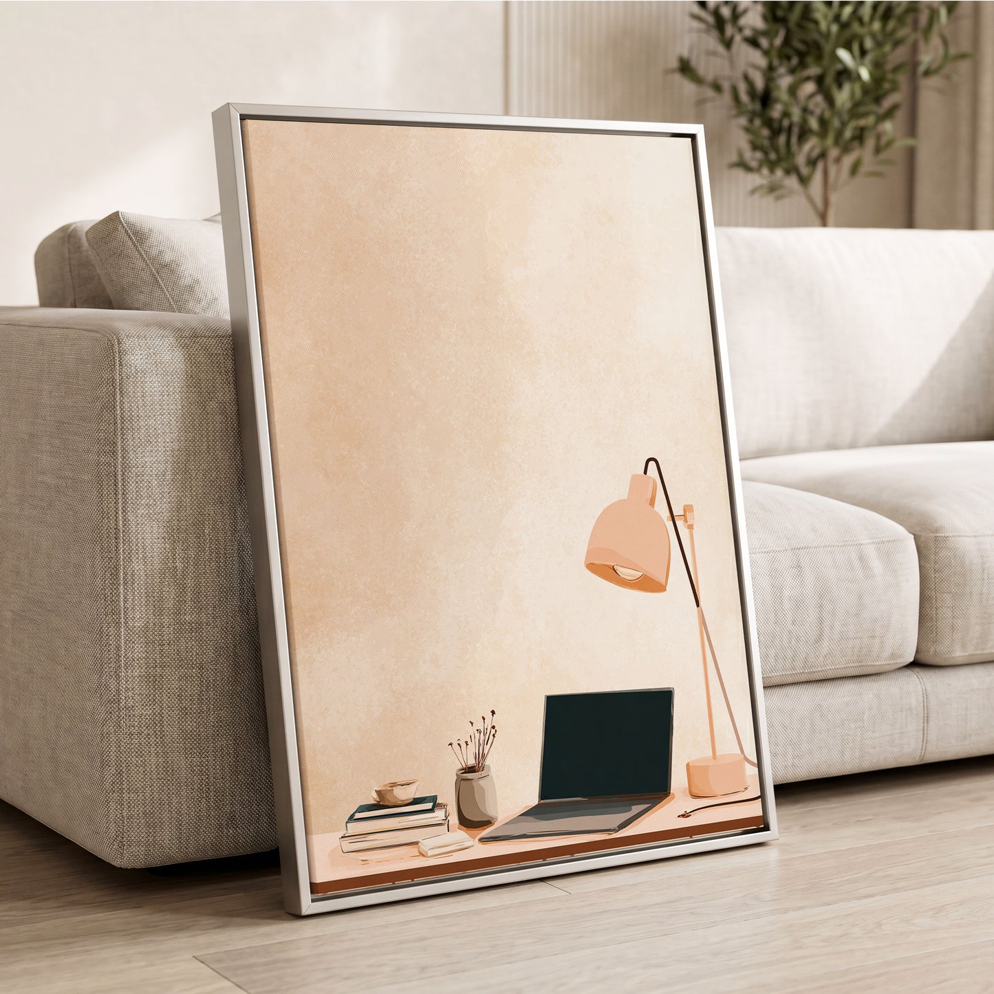 Quiet Desk Glow, beige, pink, black minimalist wall art displayed in a styled interior, gallery view 2