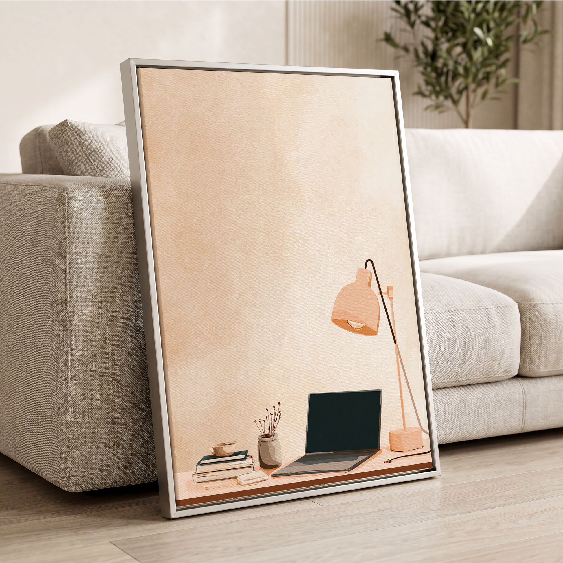 Quiet Desk Glow, beige, pink, black minimalist wall art displayed in a styled interior, gallery view 2