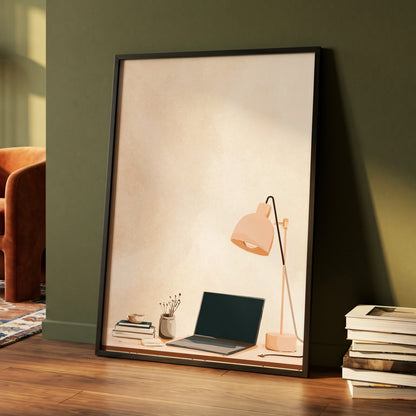 Quiet Desk Glow, beige, pink, black minimalist wall art displayed in a styled interior, gallery view 4
