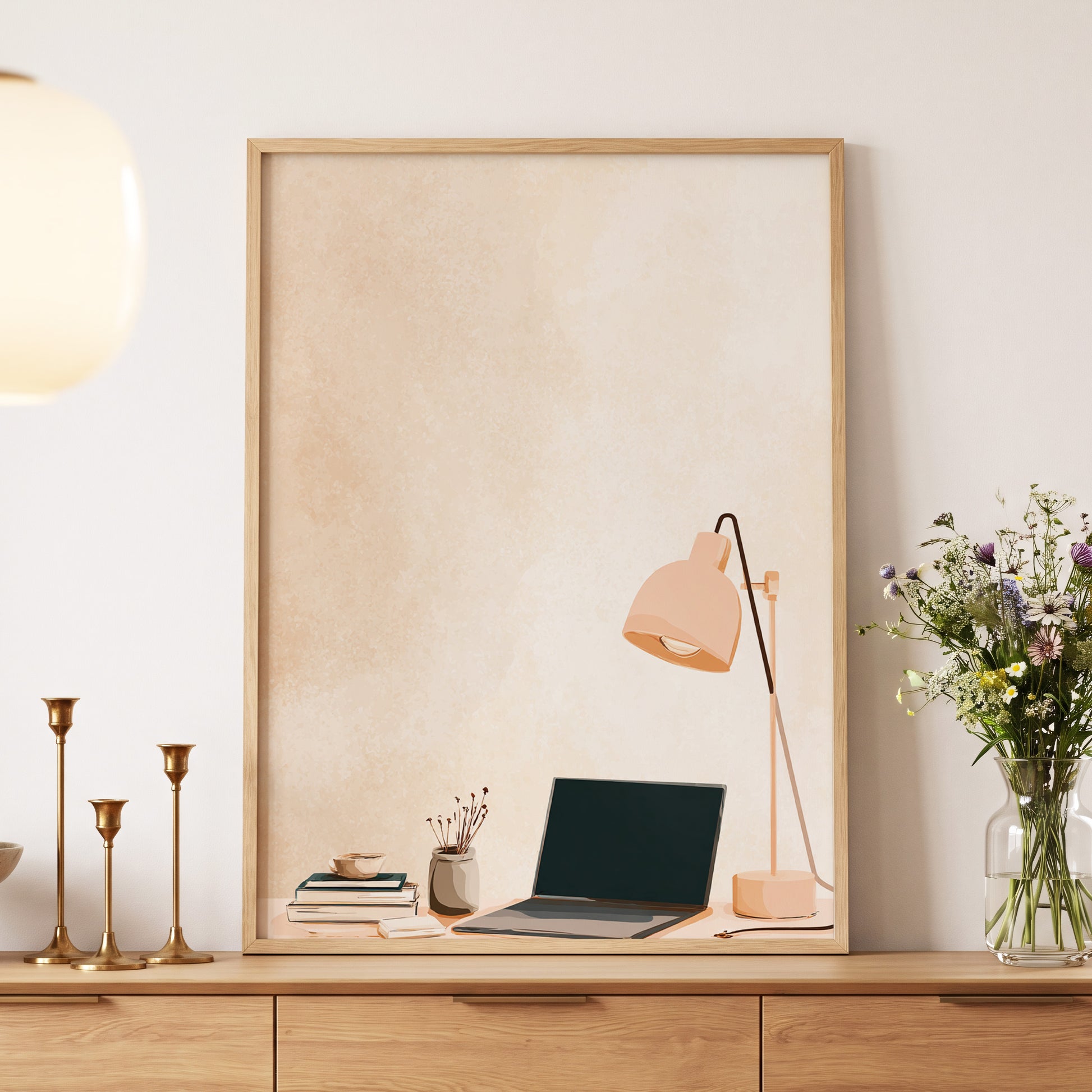 Quiet Desk Glow, beige, pink, black minimalist wall art displayed in a styled interior, gallery view 5