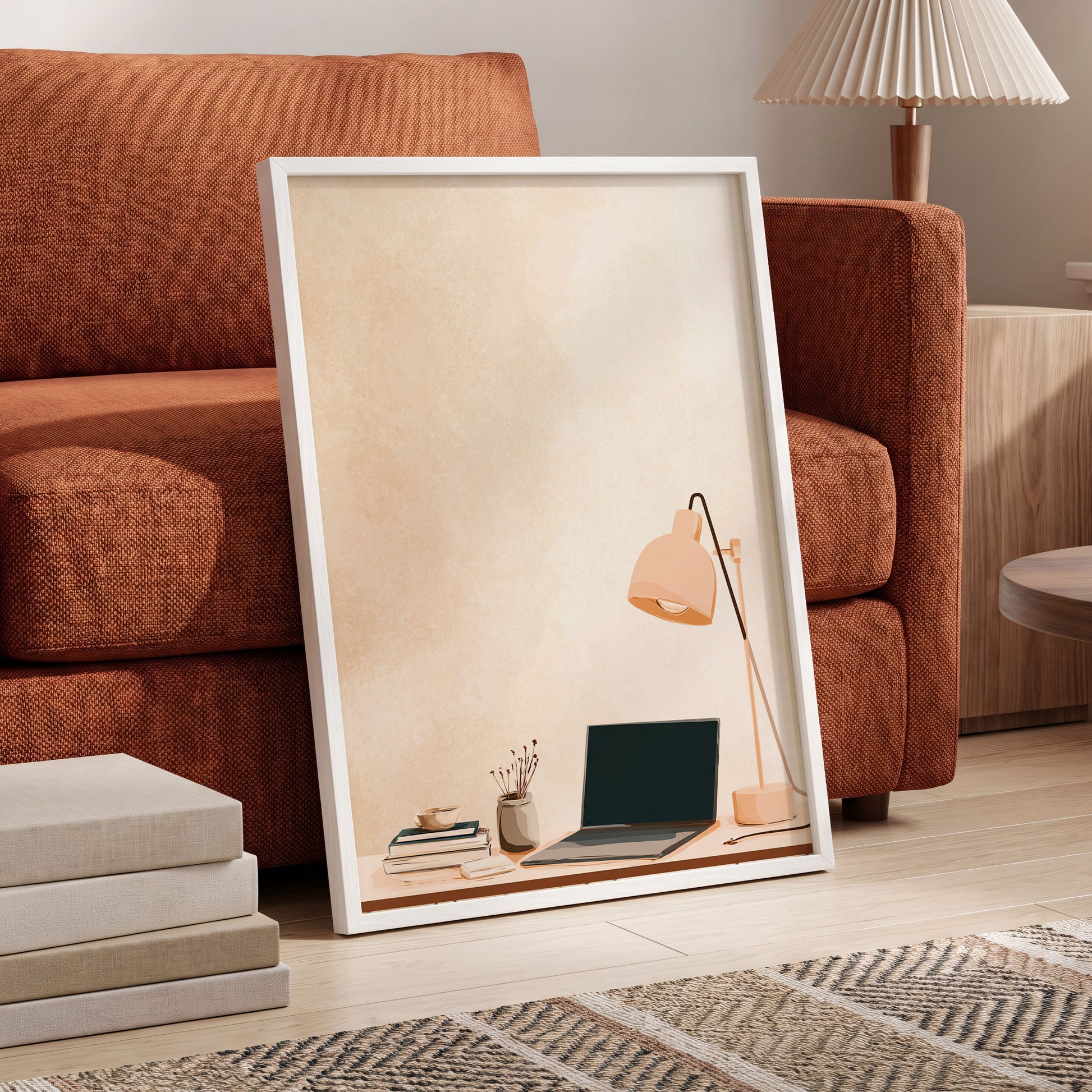Quiet Desk Glow, beige, pink, black minimalist wall art displayed in a styled interior, gallery view 6