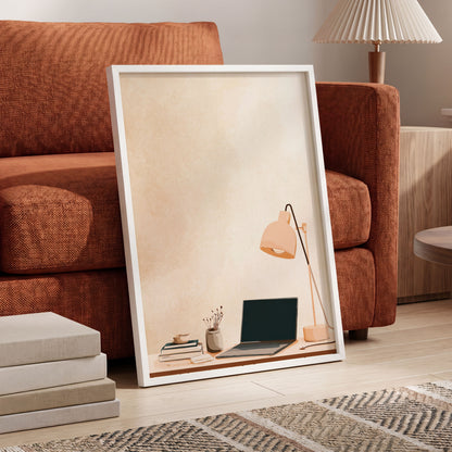 Quiet Desk Glow, beige, pink, black minimalist wall art displayed in a styled interior, gallery view 6