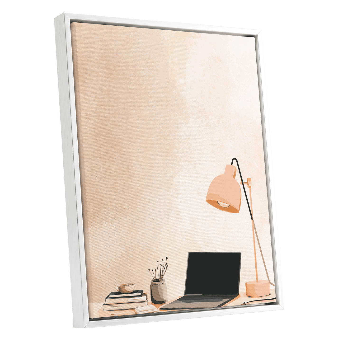 Quiet Desk Glow, beige, pink, black minimalist wall art shown as a white framed canvas wall art
