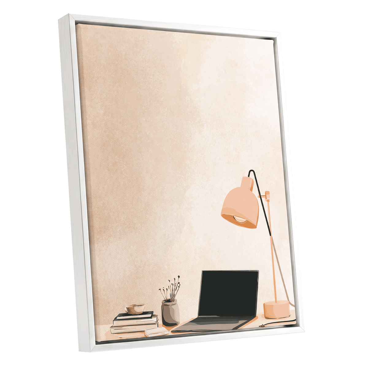 Quiet Desk Glow, beige, pink, black minimalist wall art shown as a white framed canvas wall art