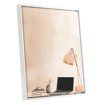 Quiet Desk Glow, beige, pink, black minimalist wall art shown as a white framed canvas wall art