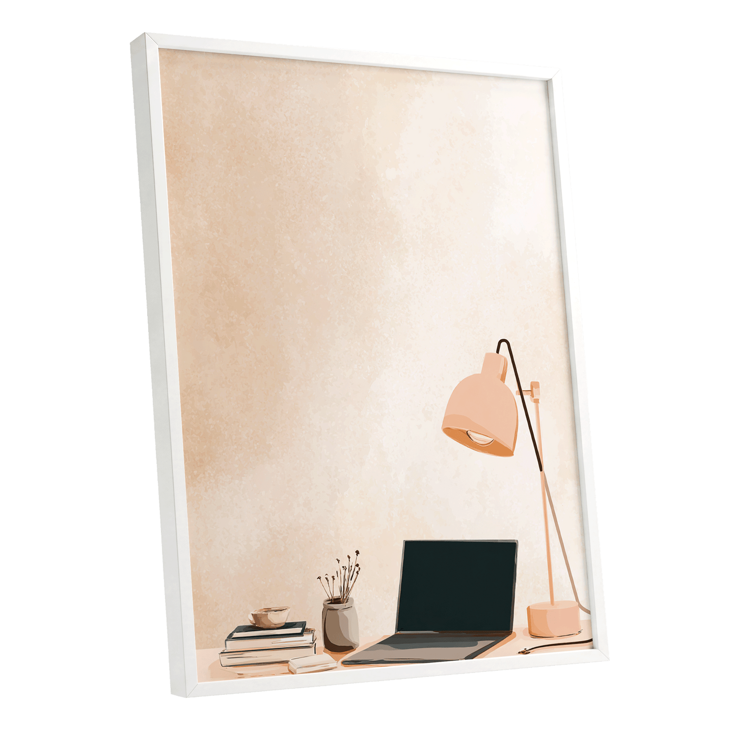 Quiet Desk Glow, beige, pink, black minimalist wall art shown as a white framed poster wall art print