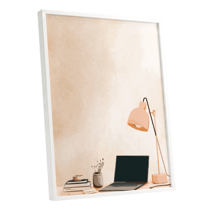 Quiet Desk Glow, beige, pink, black minimalist wall art shown as a white framed poster wall art print