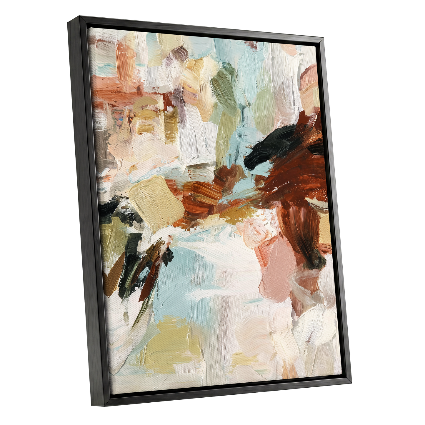 Quiet Earth in Blue, blue, white, brown abstract wall art shown as a black framed canvas wall art