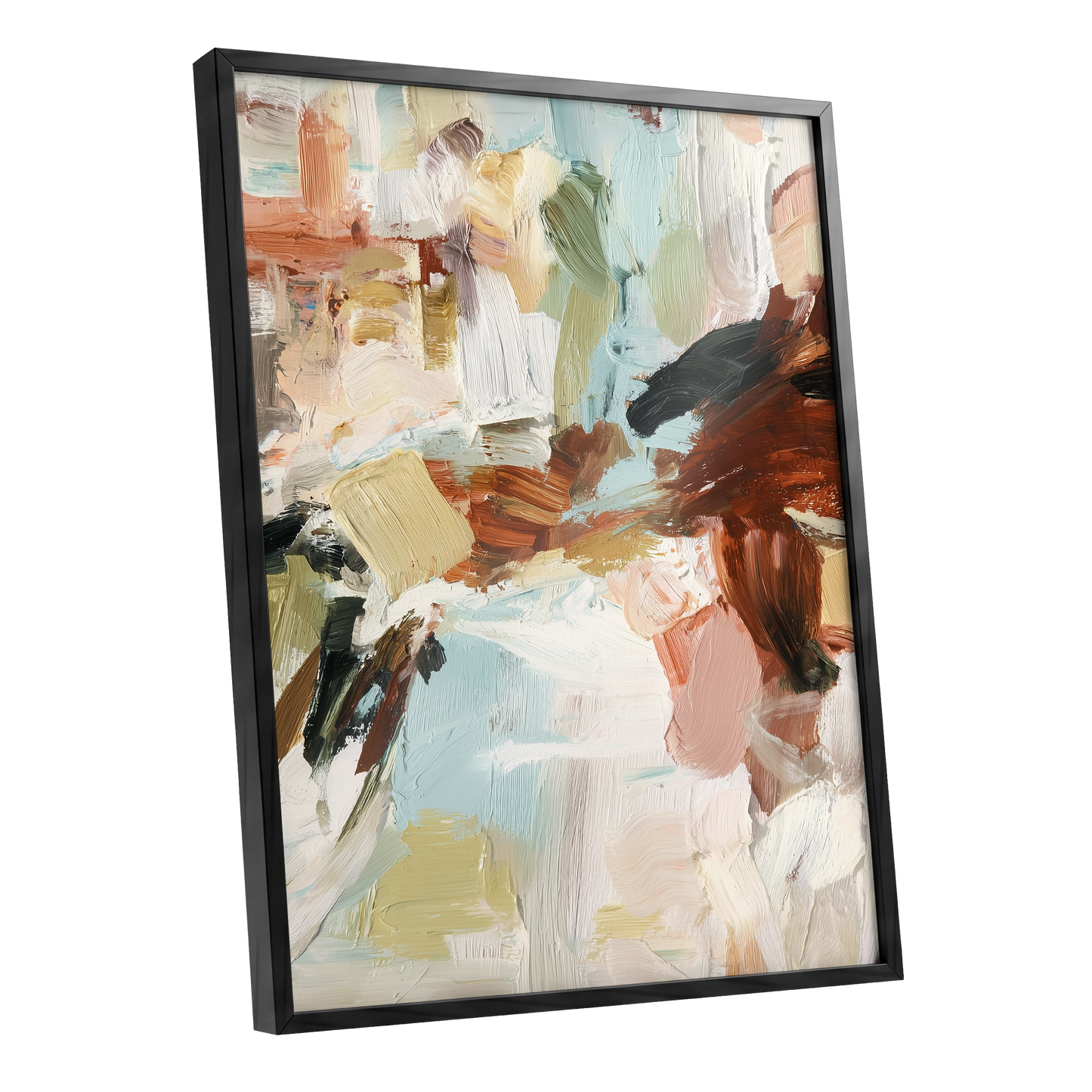 Quiet Earth in Blue, blue, white, brown abstract wall art shown as a black framed poster wall art print