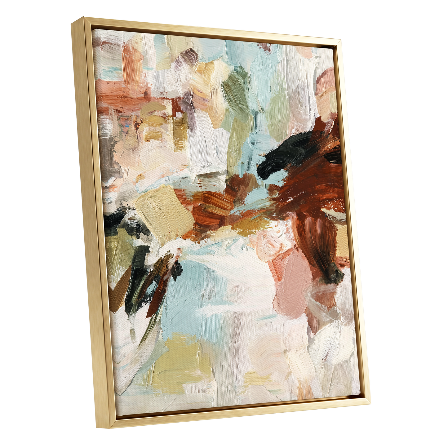 Quiet Earth in Blue, blue, white, brown abstract wall art shown as a gold framed canvas wall art