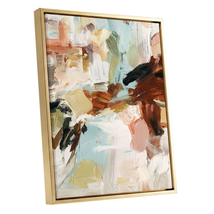 Quiet Earth in Blue, blue, white, brown abstract wall art shown as a gold framed canvas wall art