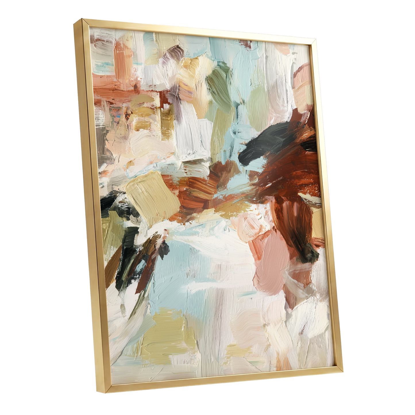 Quiet Earth in Blue, blue, white, brown abstract wall art shown as a gold framed poster wall art print