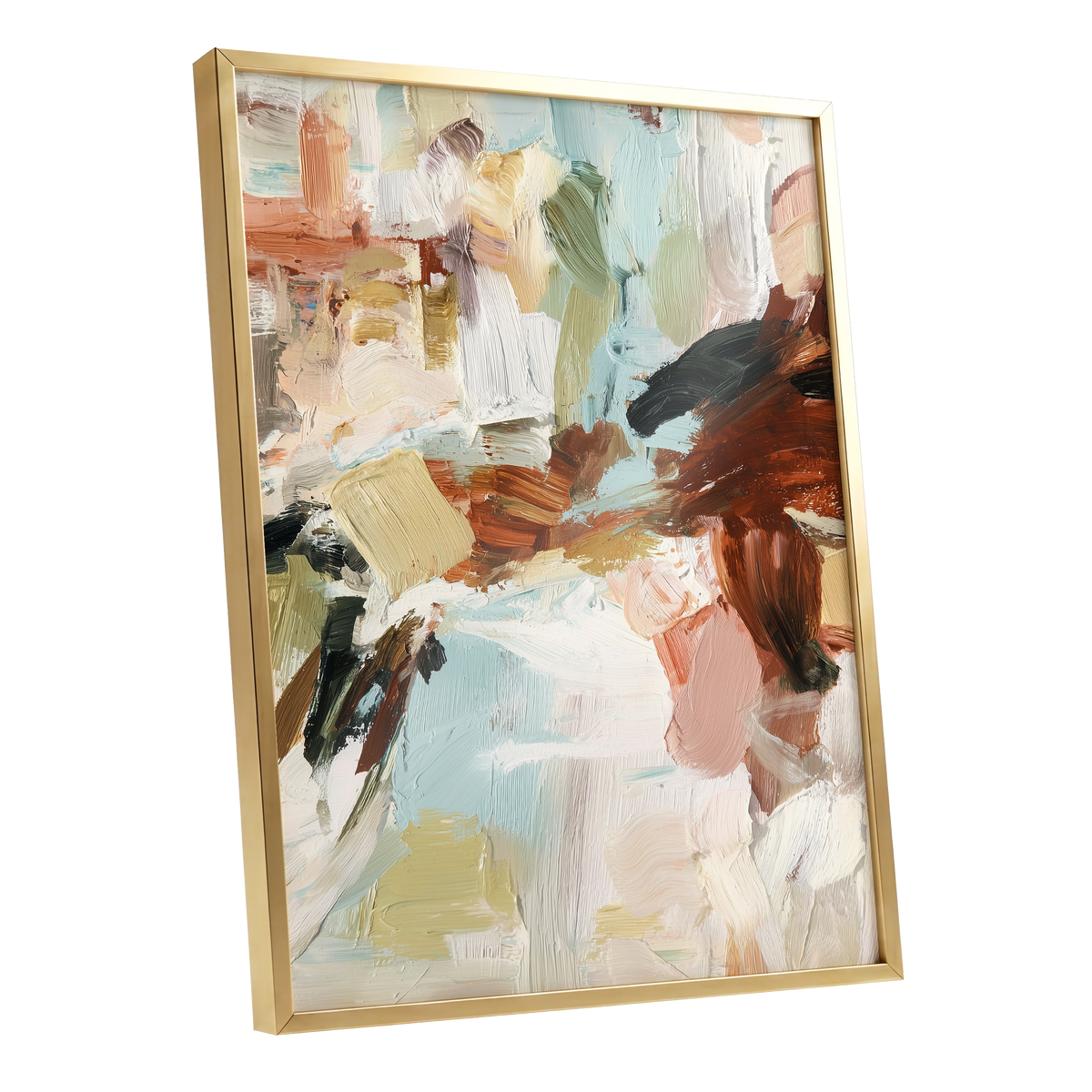 Quiet Earth in Blue, blue, white, brown abstract wall art shown as a gold framed poster wall art print