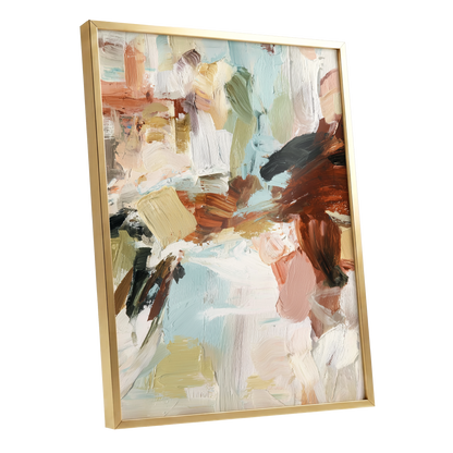 Quiet Earth in Blue, blue, white, brown abstract wall art shown as a gold framed poster wall art print