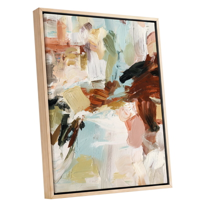Quiet Earth in Blue, blue, white, brown abstract wall art shown as a oak framed canvas wall art