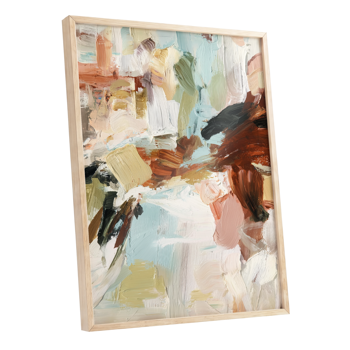 Quiet Earth in Blue, blue, white, brown abstract wall art shown as a oak framed poster wall art print